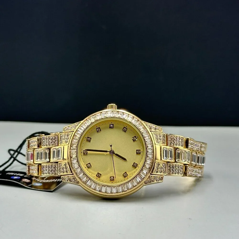 Techno Pave Watch Men Gold Tone Bling Iced Out Crystal Accents New Battery 9